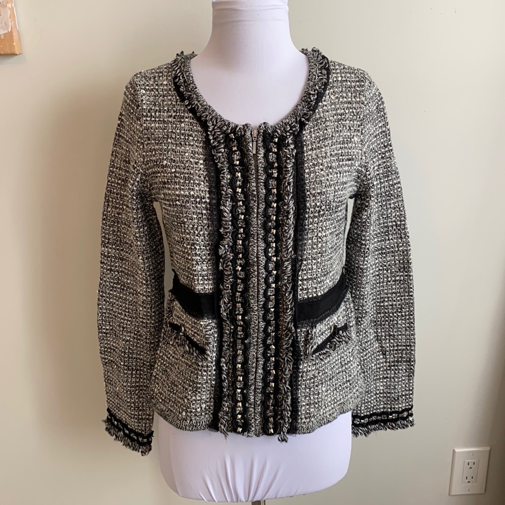 WHBM Tweed Boucle Zip Up Sweater Jacket